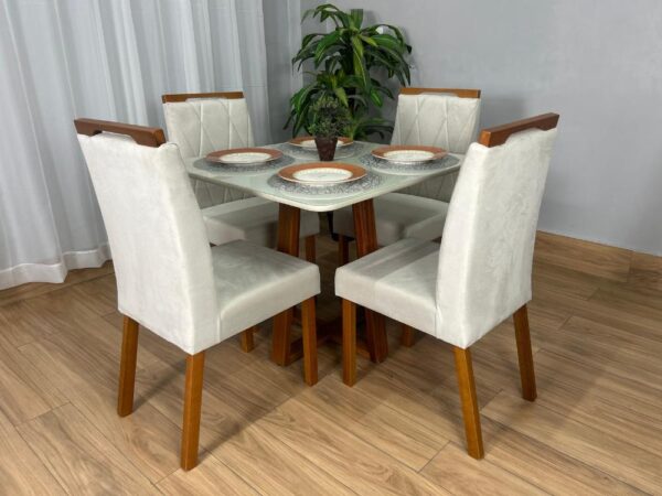 Mesa de Jantar Bali 90×90 Com 4 Cadeiras Isa – Cinamomo/Off White/Bege Veludo