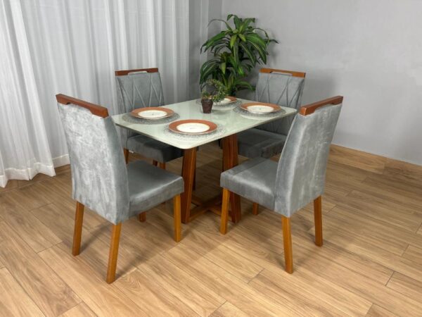 Mesa de Jantar Bali 1.20×0.80 Com 4 Cadeiras Isa – Cinamomo/Off White/Cinza Veludo