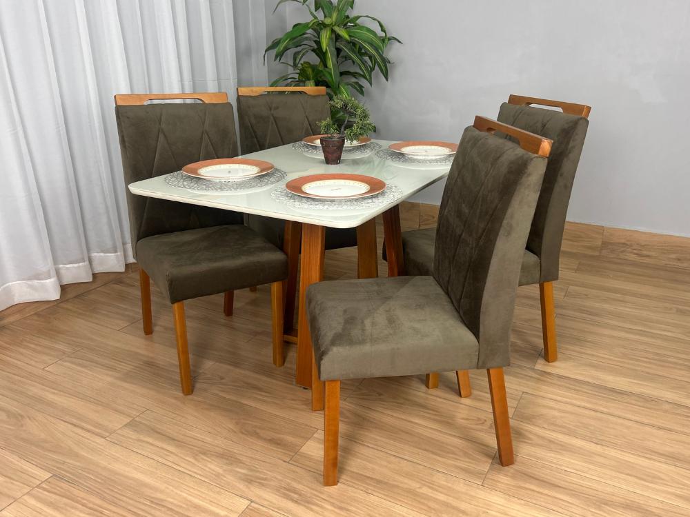 Mesa de Jantar Bali 1.20×0.80 Com 4 Cadeiras Isa – Cinamomo/Off White/Marrom Veludo