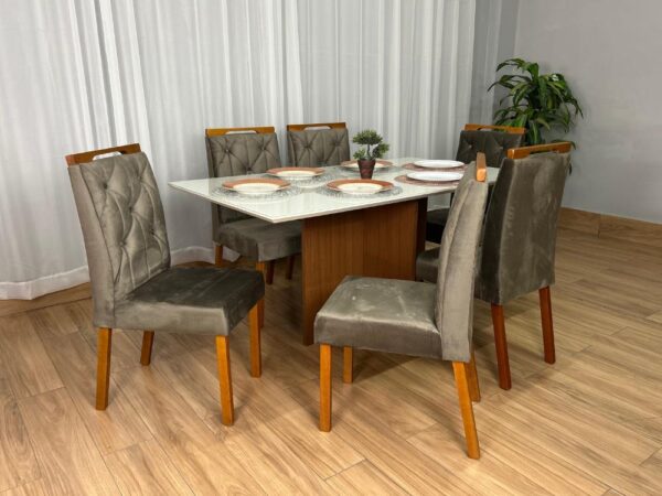 Mesa de Jantar Helo 1.60×0.90 Com 6 Cadeiras Jasmim – Mel/Off White/Marrom Veludo
