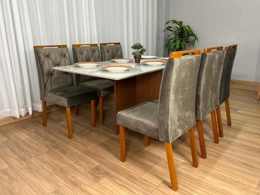 Mesa de Jantar Helo 1.60×0.90 Com 6 Cadeiras Jasmim – Mel/Off White/Marrom Veludo - Imagem 2