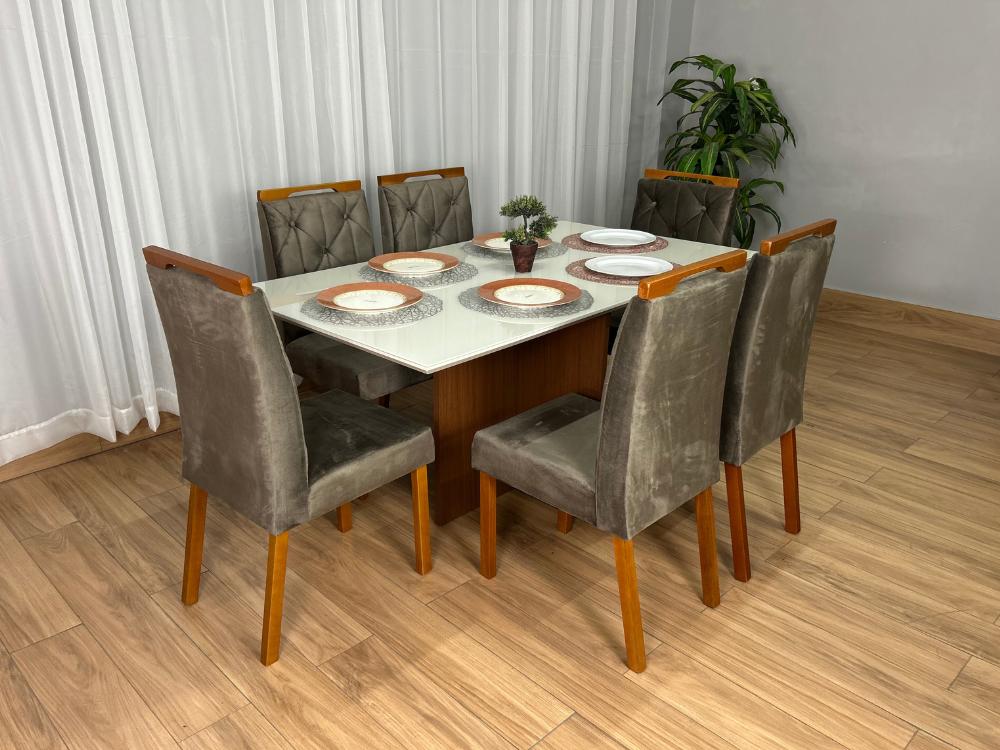 Mesa de Jantar Helo 1.60×0.90 Com 6 Cadeiras Jasmim – Mel/Off White/Marrom Veludo - Imagem 5