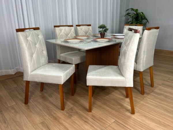 Mesa de Jantar Helo 1.60×0.90 Com 6 Cadeiras Jasmim – Mel/Off White/Bege Veludo