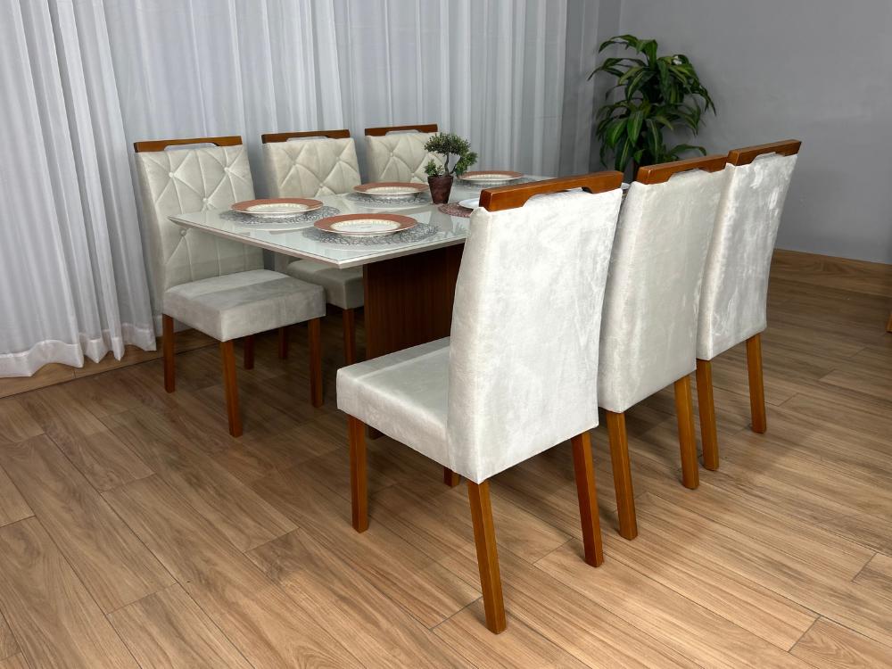 Mesa de Jantar Helo 1.60×0.90 Com 6 Cadeiras Jasmim – Mel/Off White/Bege Veludo - Imagem 3