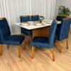 Mesa de Jantar Helo 1.60×0.90 Com 6 Cadeiras Jasmim – Mel/Off White/Azul Veludo