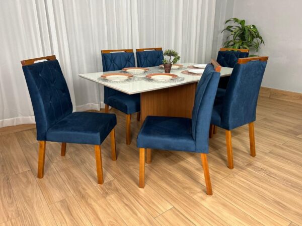 Mesa de Jantar Helo 1.60×0.90 Com 6 Cadeiras Jasmim – Mel/Off White/Azul Veludo