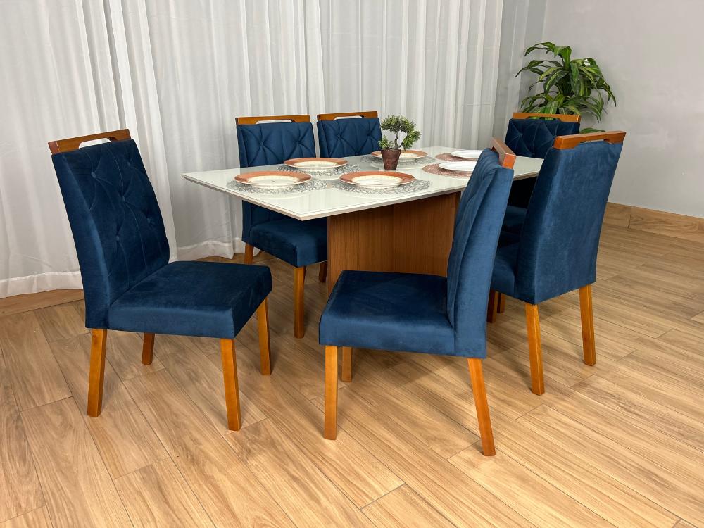 Mesa de Jantar Helo 1.60×0.90 Com 6 Cadeiras Jasmim – Mel/Off White/Azul Veludo