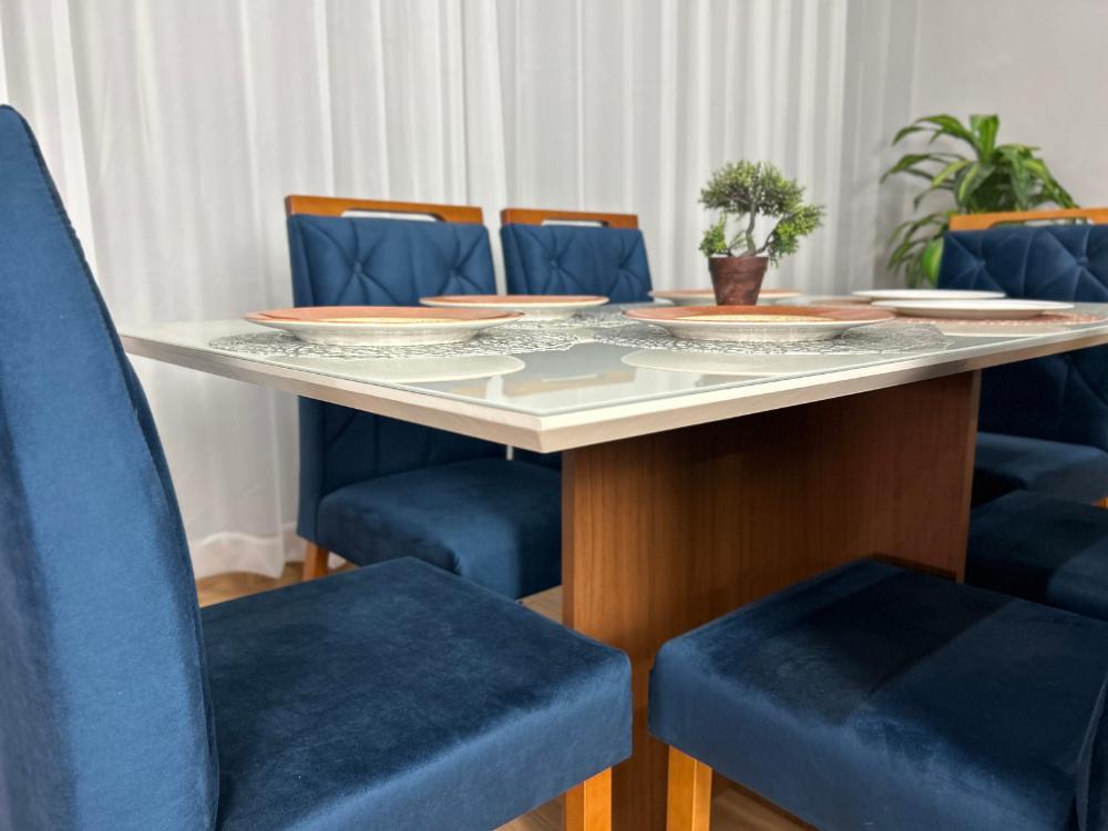 Mesa de Jantar Helo 1.60×0.90 Com 6 Cadeiras Jasmim – Mel/Off White/Azul Veludo - Imagem 5