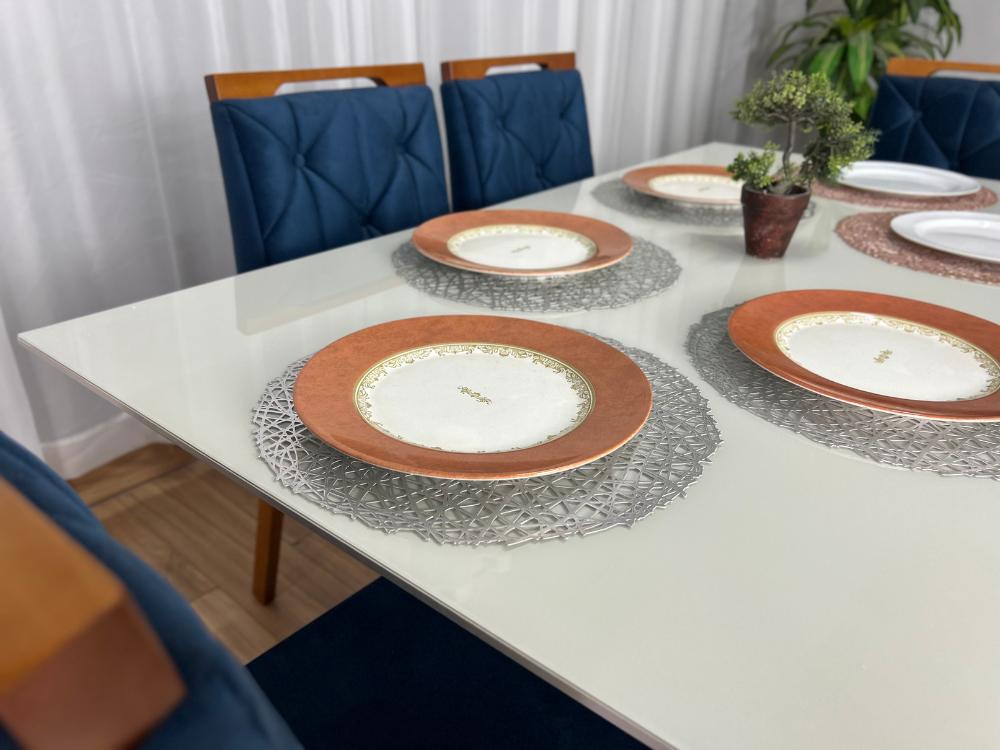 Mesa de Jantar Helo 1.60×0.90 Com 6 Cadeiras Jasmim – Mel/Off White/Azul Veludo - Imagem 7