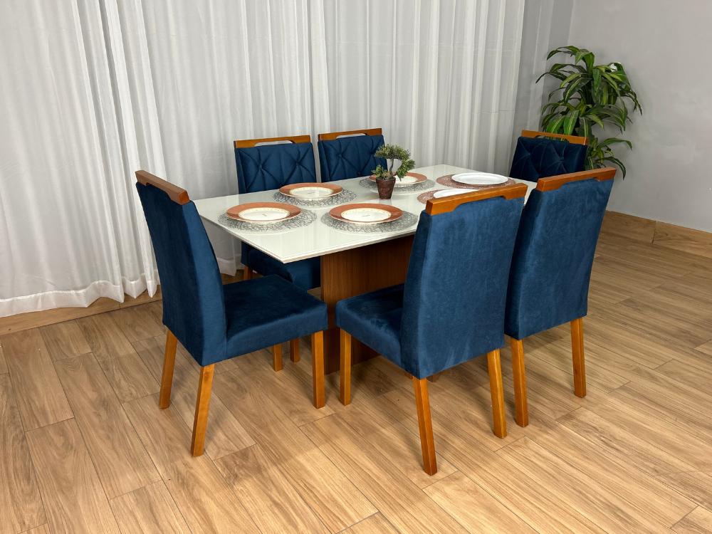 Mesa de Jantar Helo 1.60×0.90 Com 6 Cadeiras Jasmim – Mel/Off White/Azul Veludo - Imagem 3