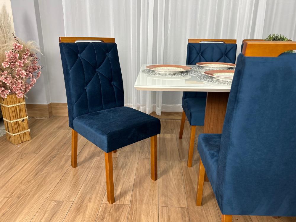 Mesa de Jantar Helo 1.60×0.90 Com 6 Cadeiras Jasmim – Mel/Off White/Azul Veludo - Imagem 4