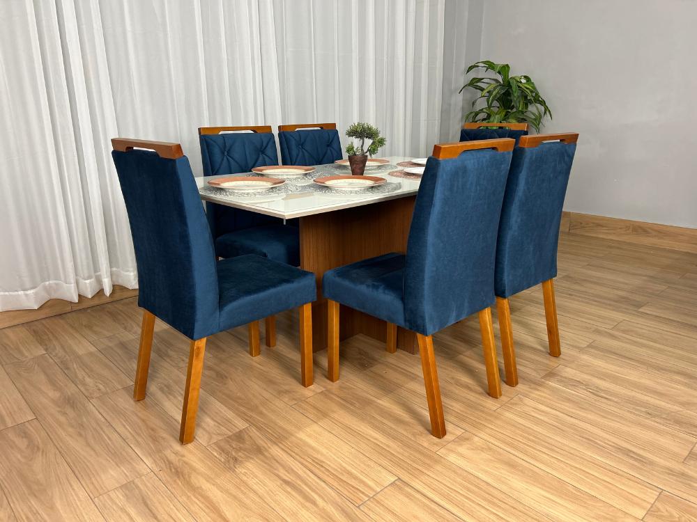 Mesa de Jantar Helo 1.60×0.90 Com 6 Cadeiras Jasmim – Mel/Off White/Azul Veludo - Imagem 6