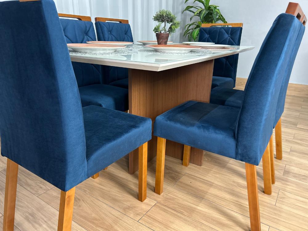 Mesa de Jantar Helo 1.60×0.90 Com 6 Cadeiras Jasmim – Mel/Off White/Azul Veludo - Imagem 8