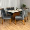 Mesa de Jantar Helo 1.60×0.90 Com 6 Cadeiras Jasmim – Mel/Off White/Cinza Veludo