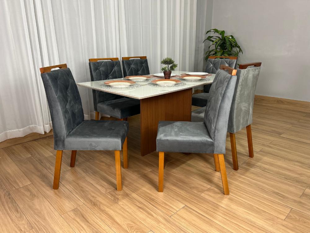 Mesa de Jantar Helo 1.60×0.90 Com 6 Cadeiras Jasmim – Mel/Off White/Cinza Veludo