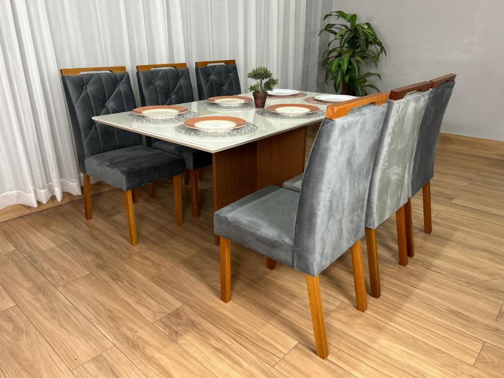 Mesa de Jantar Helo 1.60×0.90 Com 6 Cadeiras Jasmim – Mel/Off White/Cinza Veludo - Imagem 3