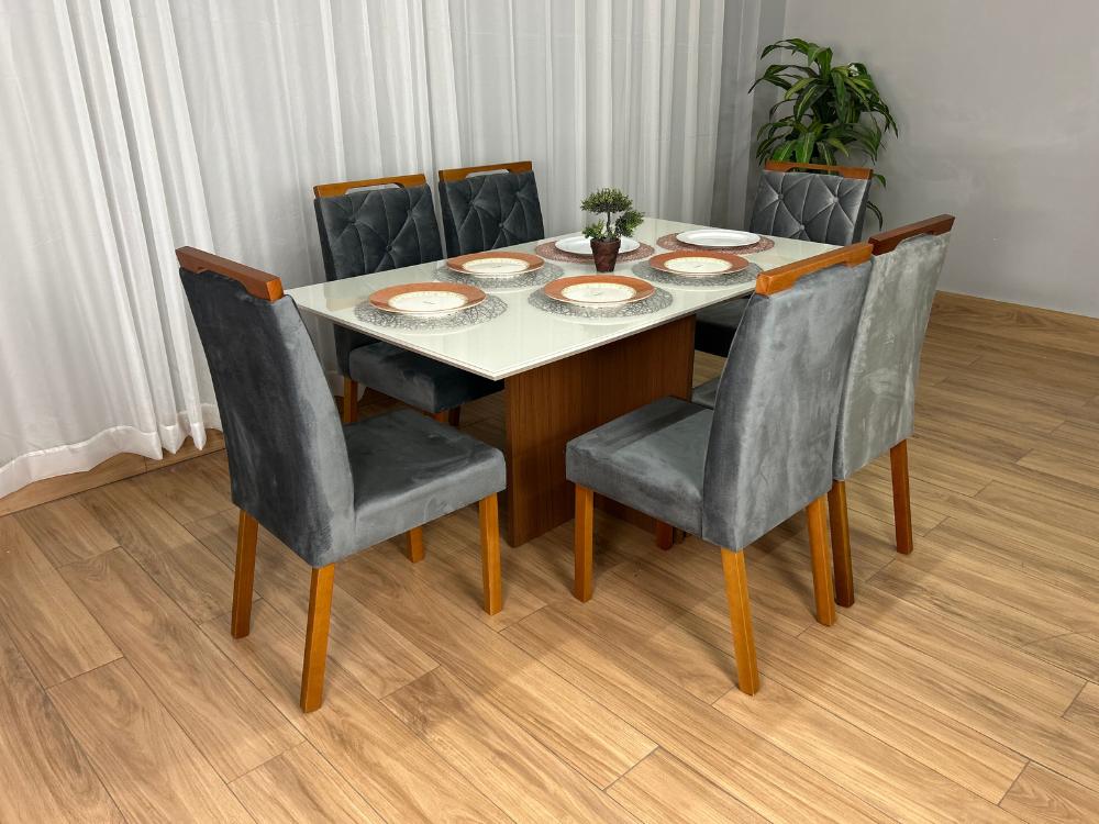 Mesa de Jantar Helo 1.60×0.90 Com 6 Cadeiras Jasmim – Mel/Off White/Cinza Veludo - Imagem 4