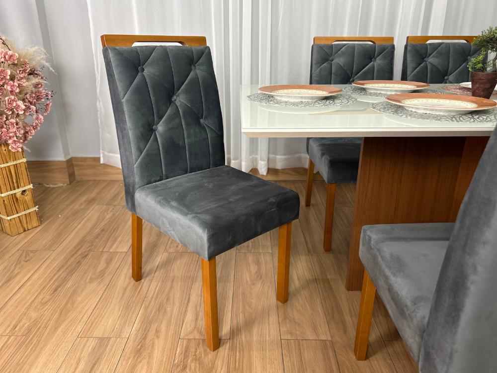 Mesa de Jantar Helo 1.60×0.90 Com 6 Cadeiras Jasmim – Mel/Off White/Cinza Veludo - Imagem 5