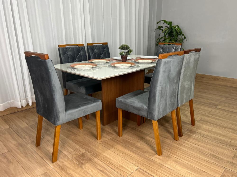 Mesa de Jantar Helo 1.60×0.90 Com 6 Cadeiras Jasmim – Mel/Off White/Cinza Veludo - Imagem 9