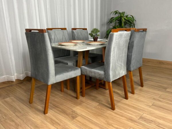 Mesa de Jantar Bali 1.60×0.80 Com 6 Cadeiras Isa – Cinamomo/Off White/Cinza