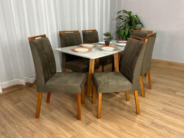 Mesa de Jantar Bali 1.60×0.80 Com 6 Cadeiras Isa – Cinamomo/Off White/Marrom Veludo