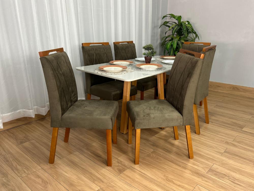 Mesa de Jantar Bali 1.60×0.80 Com 6 Cadeiras Isa – Cinamomo/Off White/Marrom Veludo