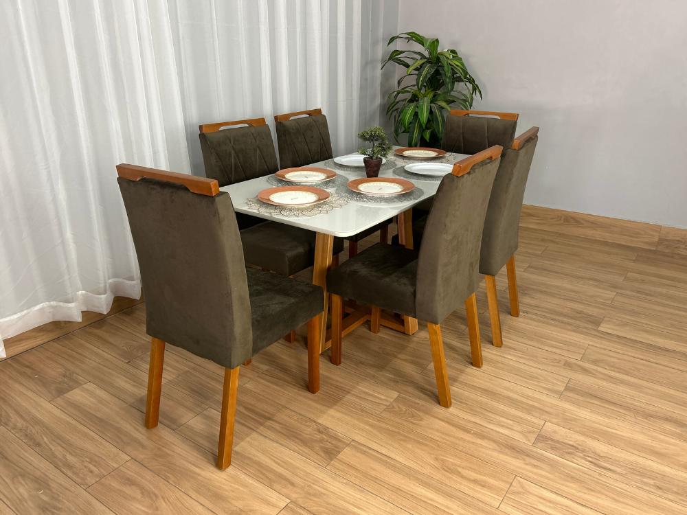 Mesa de Jantar Bali 1.60×0.80 Com 6 Cadeiras Isa – Cinamomo/Off White/Marrom Veludo - Imagem 6
