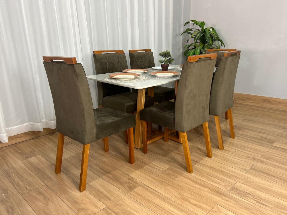Mesa de Jantar Bali 1.60×0.80 Com 6 Cadeiras Isa – Cinamomo/Off White/Marrom Veludo - Imagem 3