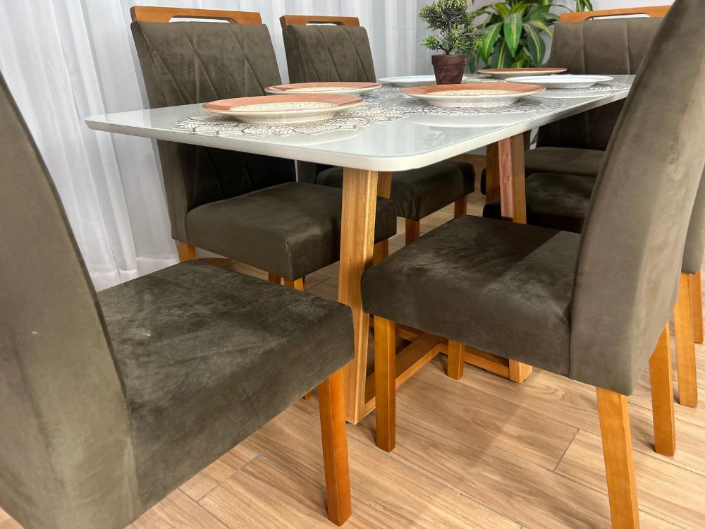 Mesa de Jantar Bali 1.60×0.80 Com 6 Cadeiras Isa – Cinamomo/Off White/Marrom Veludo - Imagem 7
