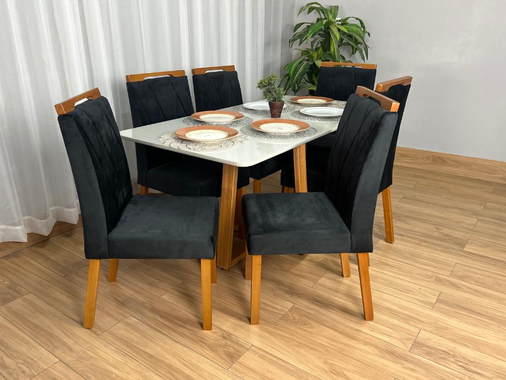 Mesa de Jantar Bali 1.60×0.80 Com 6 Cadeiras Isa – Cinamomo/Off White/Preto Veludo