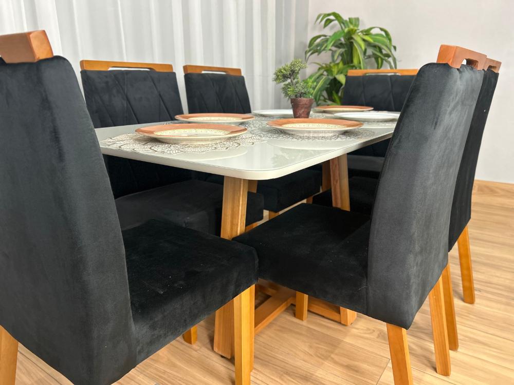 Mesa de Jantar Bali 1.60×0.80 Com 6 Cadeiras Isa – Cinamomo/Off White/Preto Veludo - Imagem 4