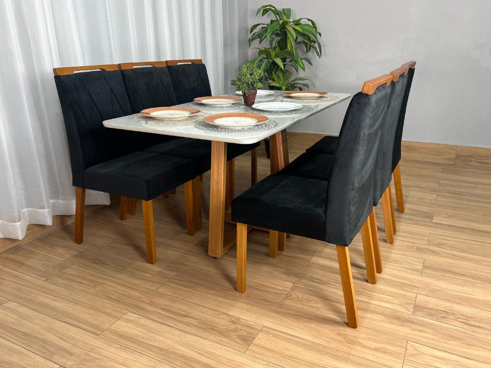 Mesa de Jantar Bali 1.60×0.80 Com 6 Cadeiras Isa – Cinamomo/Off White/Preto Veludo - Imagem 6