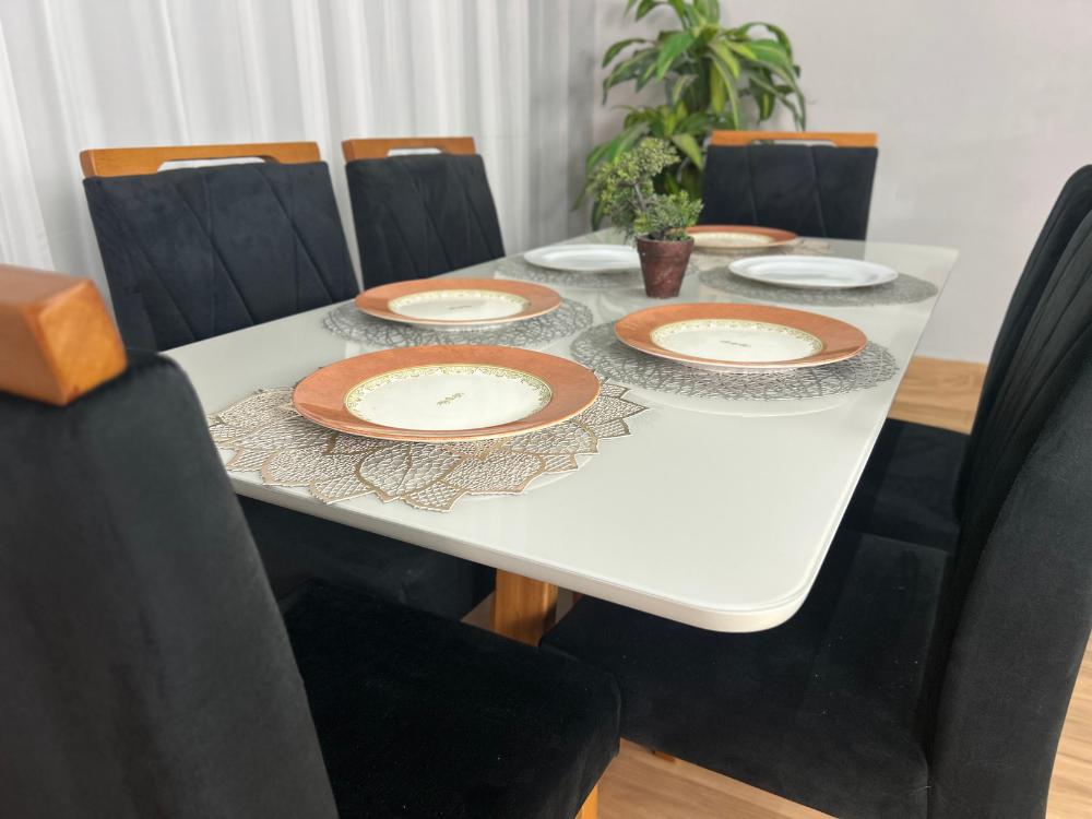 Mesa de Jantar Bali 1.60×0.80 Com 6 Cadeiras Isa – Cinamomo/Off White/Preto Veludo - Imagem 5