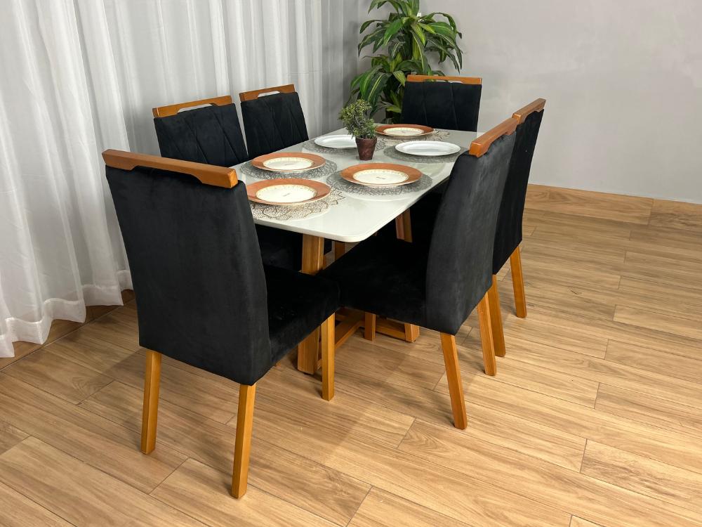Mesa de Jantar Bali 1.60×0.80 Com 6 Cadeiras Isa – Cinamomo/Off White/Preto Veludo - Imagem 7