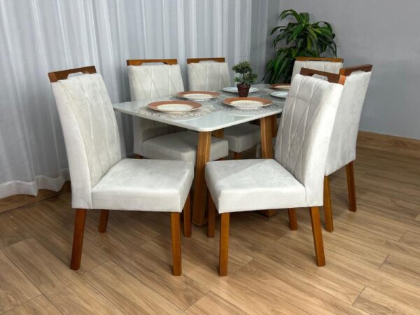 Mesa de Jantar Bali 1.60×0.80 Com 6 Cadeiras Isa – Cinamomo/Off White/Bege Veludo