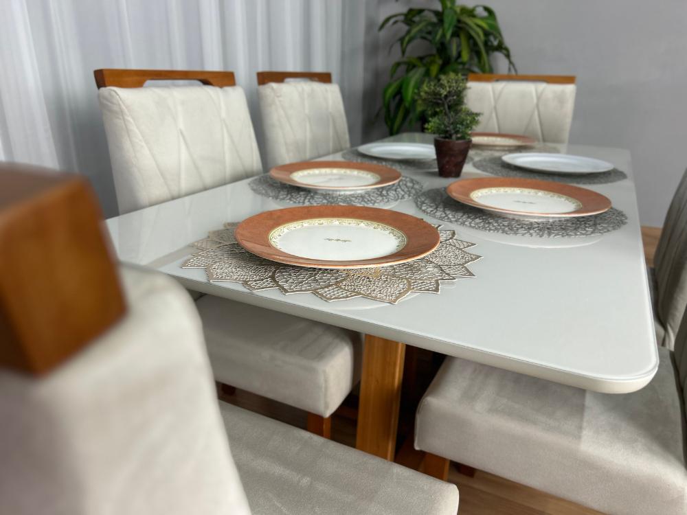 Mesa de Jantar Bali 1.60×0.80 Com 6 Cadeiras Isa – Cinamomo/Off White/Bege Veludo - Imagem 2