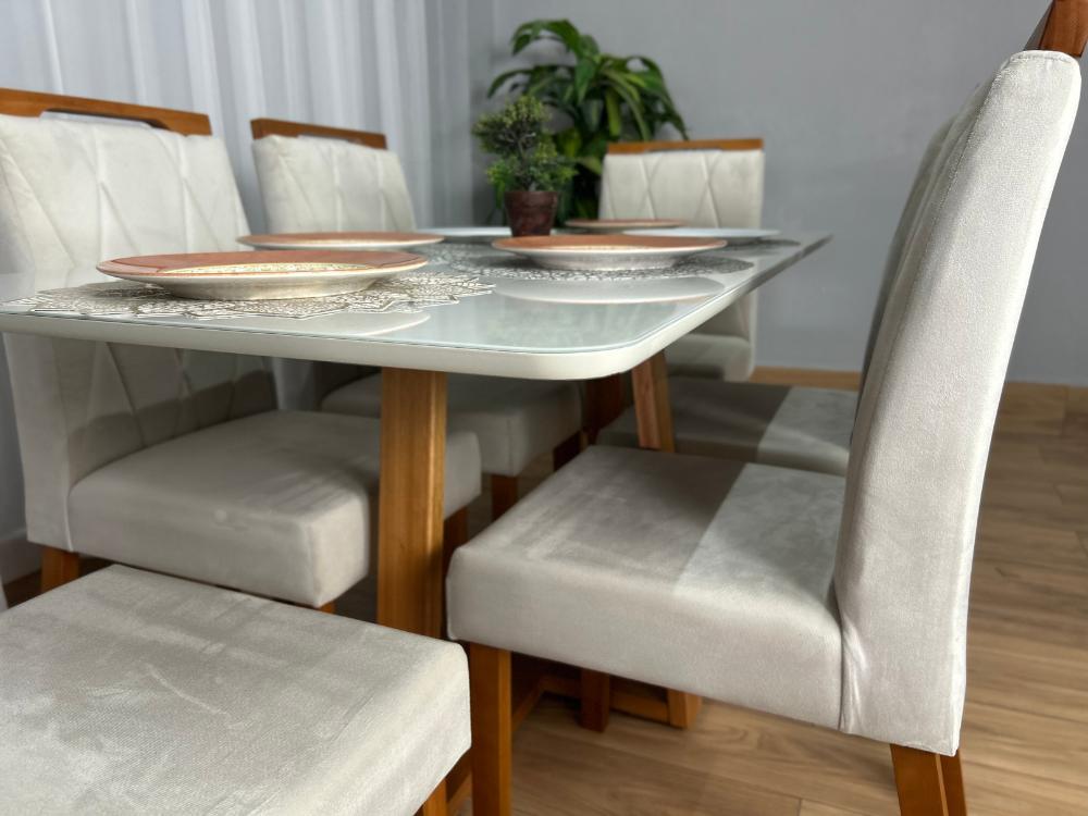Mesa de Jantar Bali 1.60×0.80 Com 6 Cadeiras Isa – Cinamomo/Off White/Bege Veludo - Imagem 5