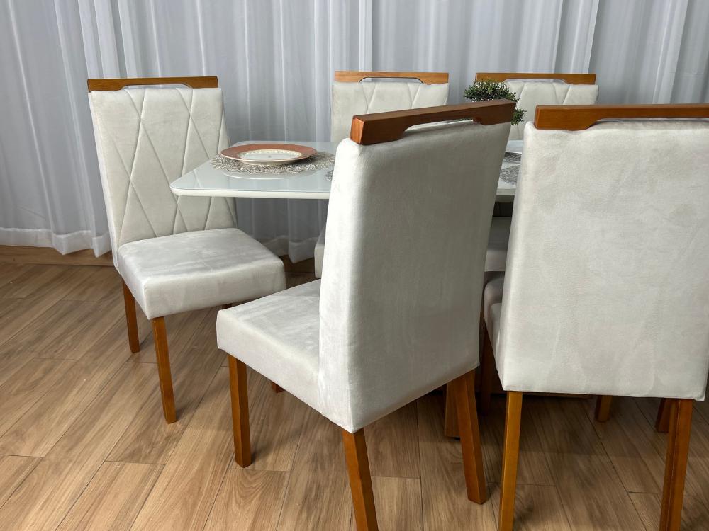 Mesa de Jantar Bali 1.60×0.80 Com 6 Cadeiras Isa – Cinamomo/Off White/Bege Veludo - Imagem 3