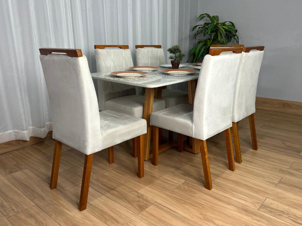Mesa de Jantar Bali 1.60×0.80 Com 6 Cadeiras Isa – Cinamomo/Off White/Bege Veludo - Imagem 4