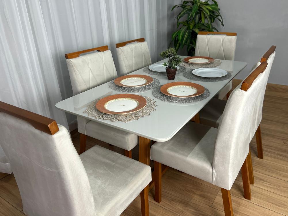 Mesa de Jantar Bali 1.60×0.80 Com 6 Cadeiras Isa – Cinamomo/Off White/Bege Veludo - Imagem 6