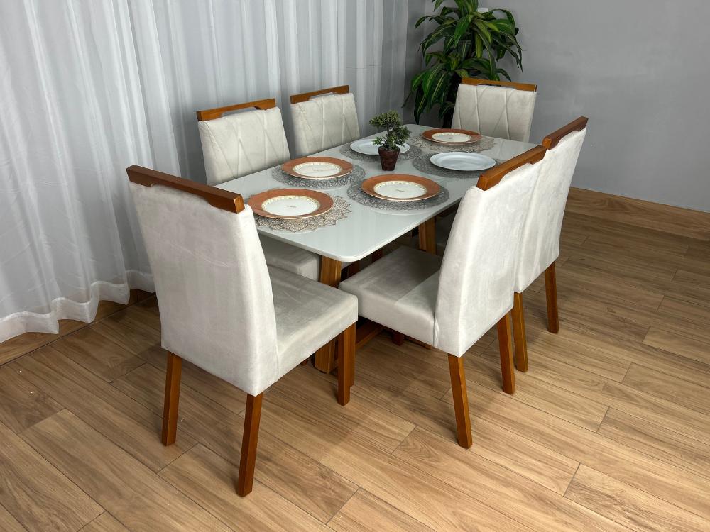 Mesa de Jantar Bali 1.60×0.80 Com 6 Cadeiras Isa – Cinamomo/Off White/Bege Veludo - Imagem 7