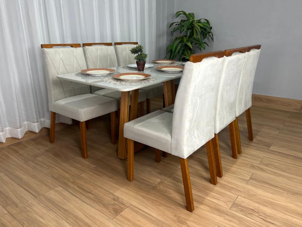 Mesa de Jantar Bali 1.60×0.80 Com 6 Cadeiras Isa – Cinamomo/Off White/Bege Veludo - Imagem 8
