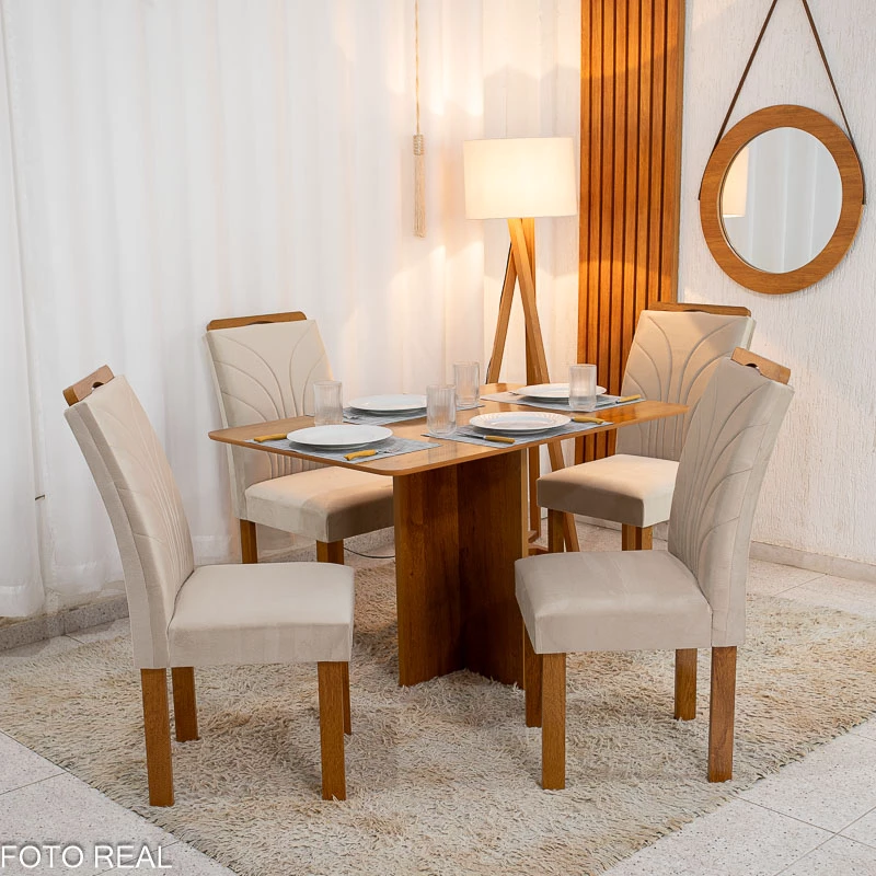 Mesa de Jantar Salina Tampo Londres Cinamomo 120x80 4 Cadeiras Parati Veludo Bege 169 - Cel Móveis