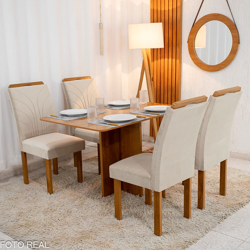 Mesa de Jantar Salina Tampo Londres Cinamomo 120x80 4 Cadeiras Parati Veludo Bege 169 - Cel Móveis - Imagem 3