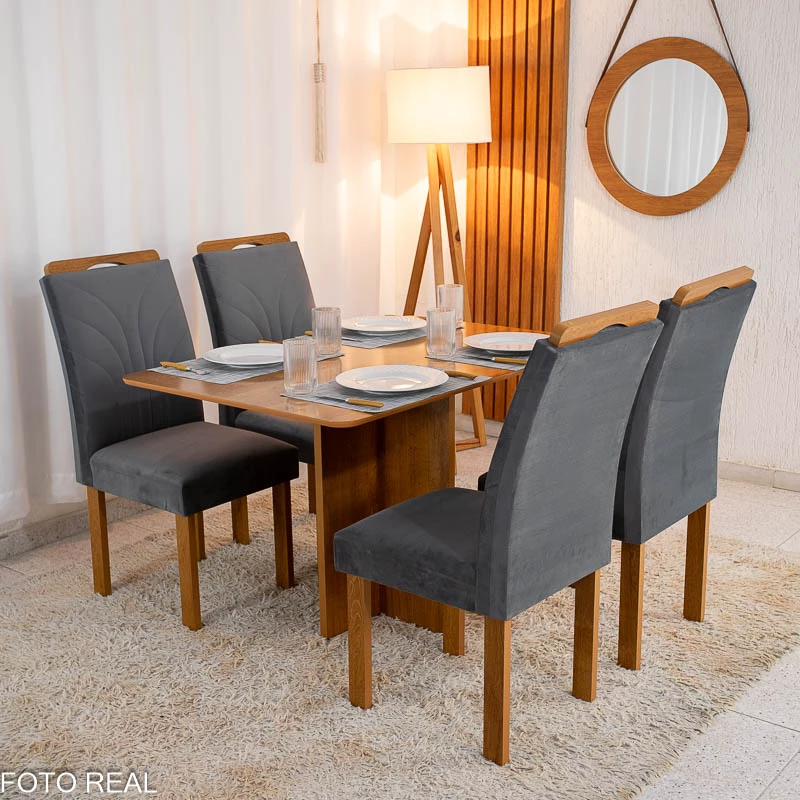 Mesa de Jantar Salina Tampo Londres Cinamomo 120x80 4 Cadeiras Parati Veludo Cinza 171 - Cel Móveis