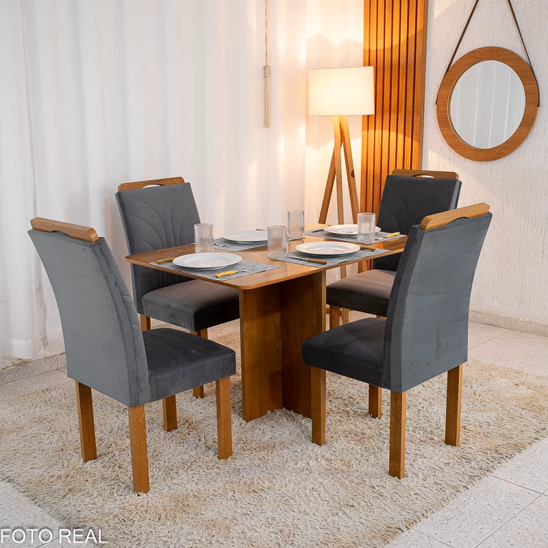 Mesa de Jantar Salina Tampo Londres Cinamomo 120x80 4 Cadeiras Parati Veludo Cinza 171 - Cel Móveis - Imagem 2
