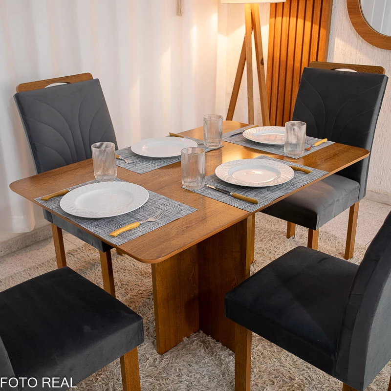 Mesa de Jantar Salina Tampo Londres Cinamomo 120x80 4 Cadeiras Parati Veludo Cinza 171 - Cel Móveis - Imagem 4