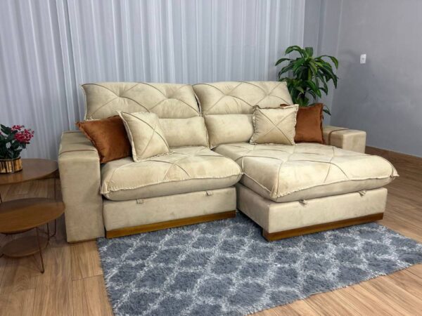 Sofá Retrátil Reclinável Pleno 2.10m Veludo Bege – Molas Ensacadas