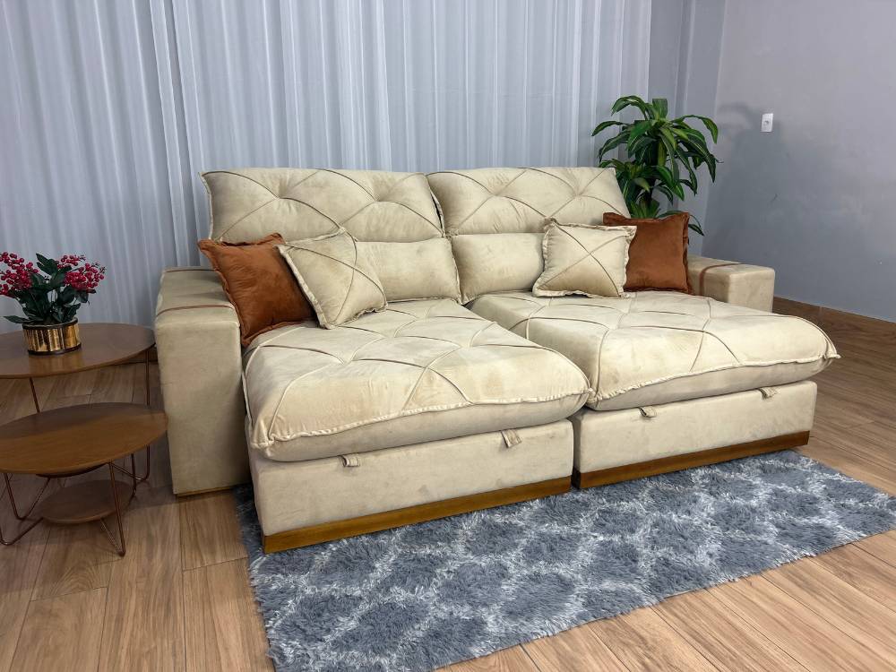 Sofá Retrátil Reclinável Pleno 2.10m Veludo Bege – Molas Ensacadas - Imagem 6