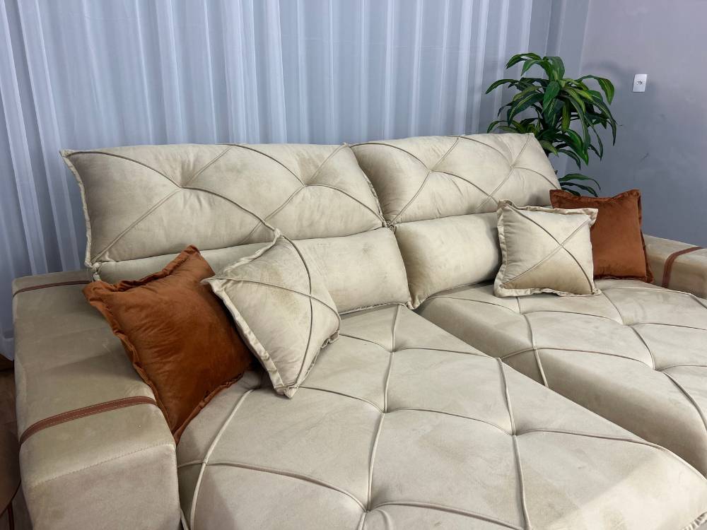 Sofá Retrátil Reclinável Pleno 2.10m Veludo Bege – Molas Ensacadas - Imagem 5
